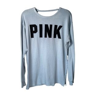 Victoria’s Secret PINK Open Back Long Sleeve Logo Shirt Blue Womens M Cotton